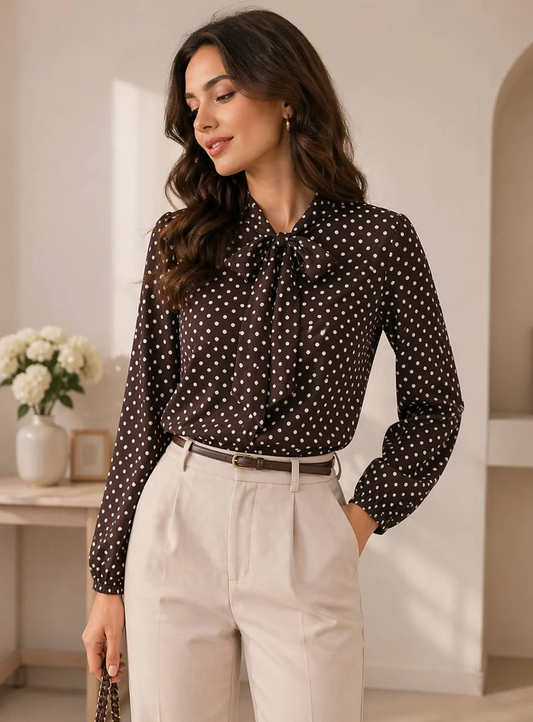 Women's Polka Dot Tie Neck Long Sleeve Blouse