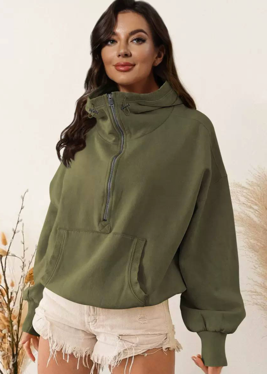 Women’s Oversized Half-Zip Pullover | High Neck Sweatshirt with Kangaroo Pocket