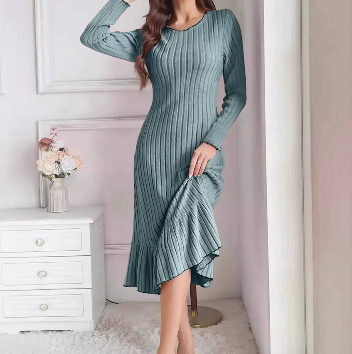 Women’s Elegant Ribbed Knit Long Sleeve Ruffle Hem Midi Dress